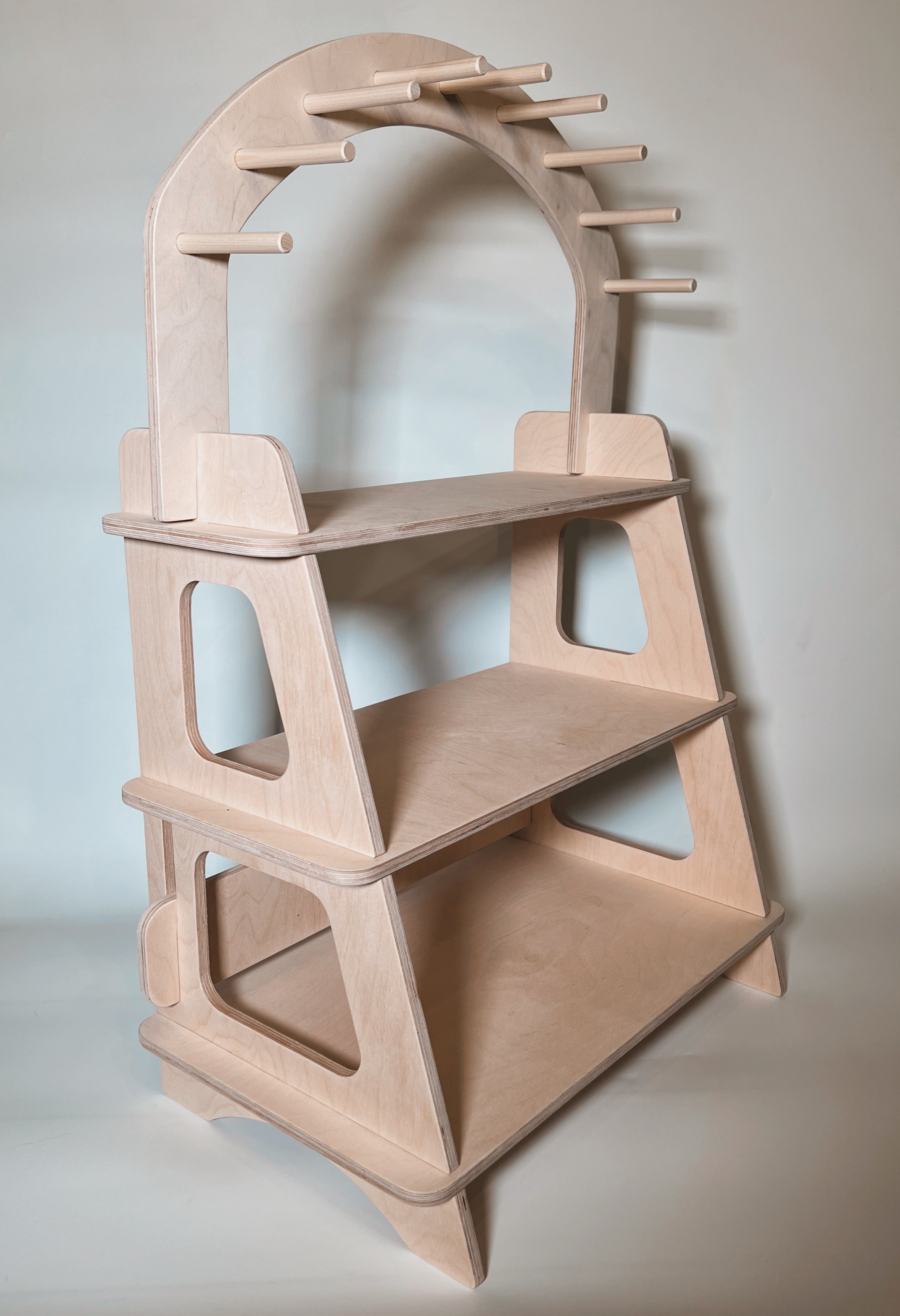 3-Tier Flat-Pack Display Shelves – Baltic Birch Rack w/ Optional Peg Arch & Hooks, Handmade Ohio Craft-Fair And Retail Vendor Stand