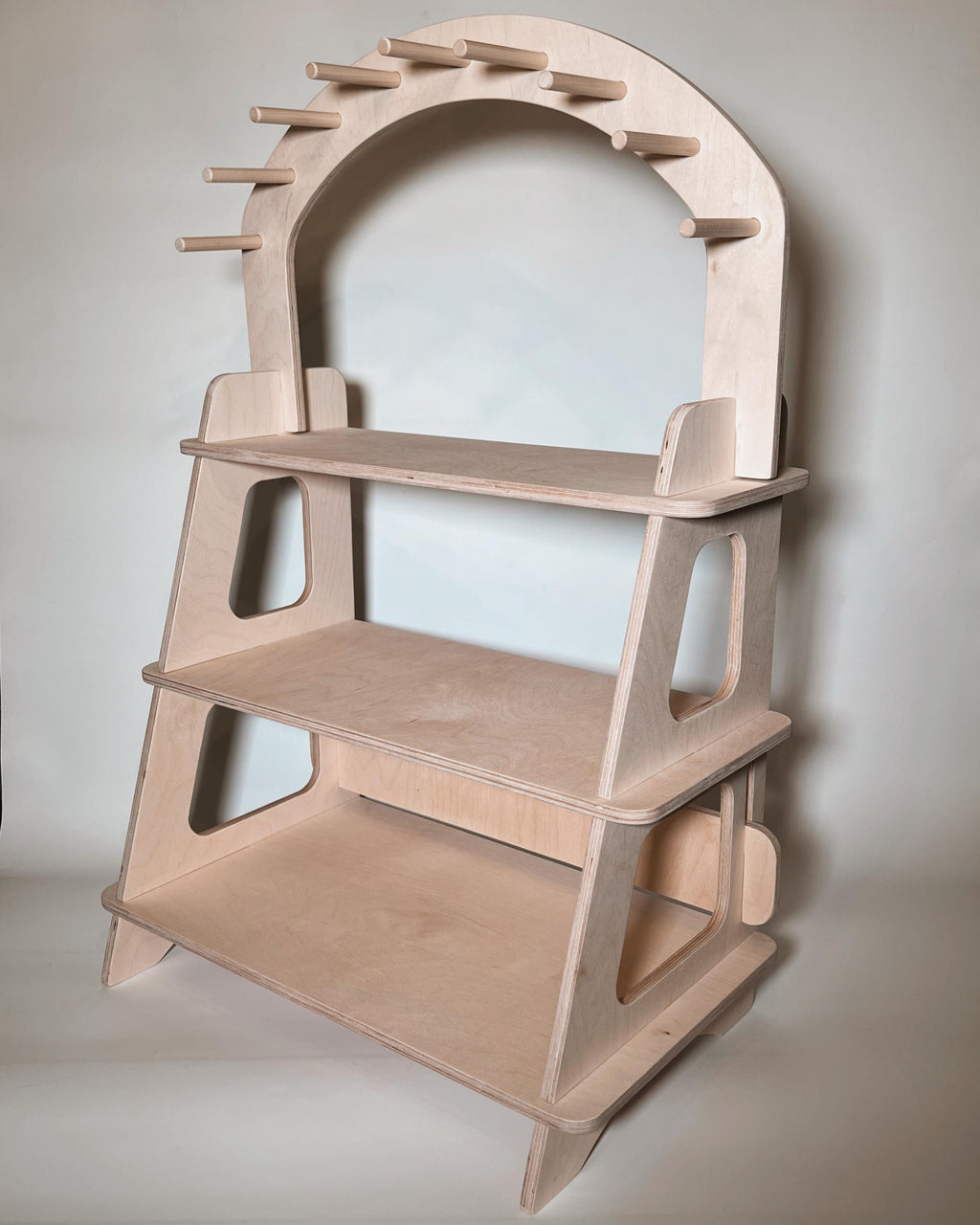 3-Tier Flat-Pack Display Shelves – Baltic Birch Rack w/ Optional Peg Arch & Hooks, Handmade Ohio Craft-Fair And Retail Vendor Stand
