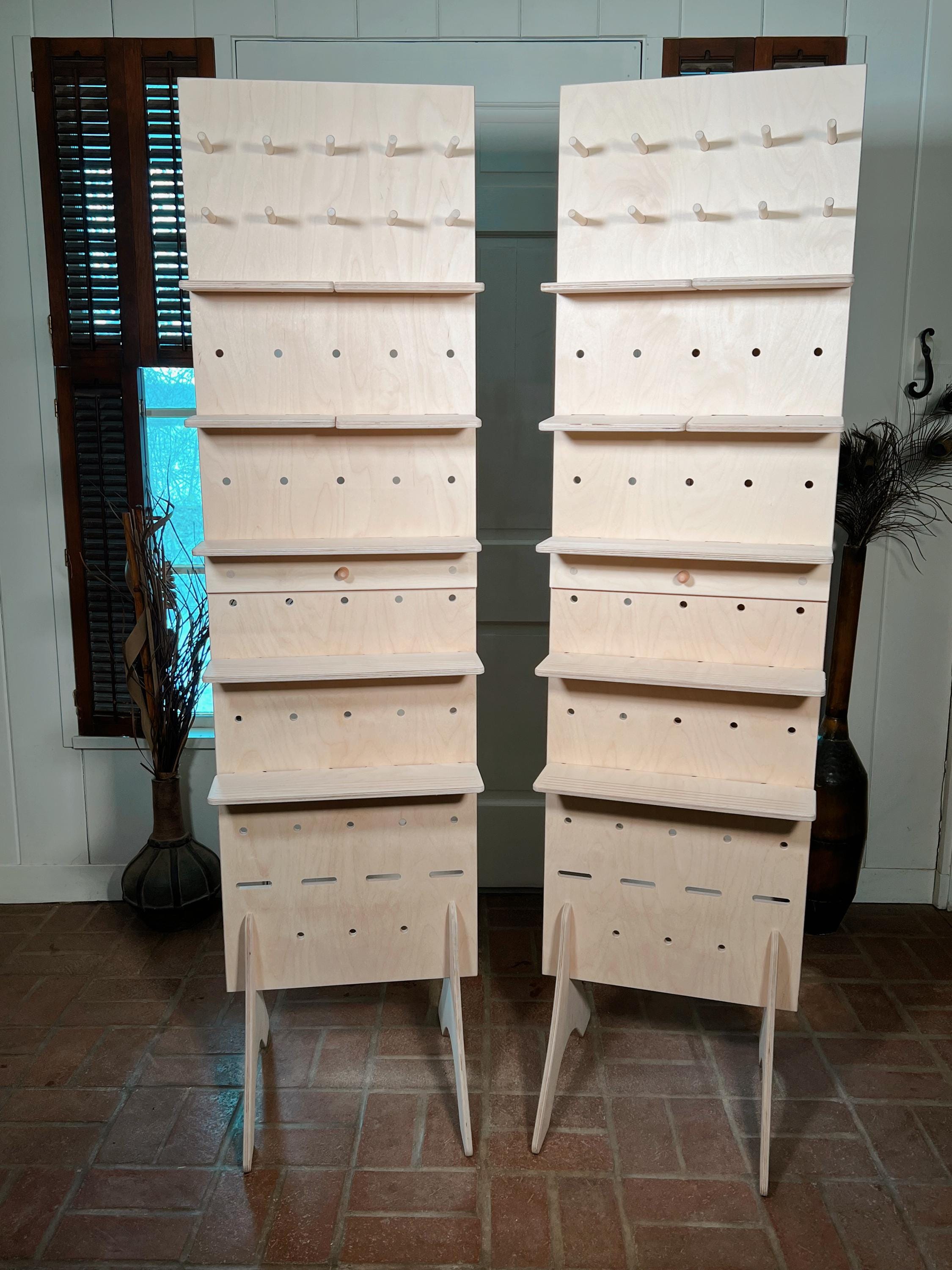 Collapsible Side-by-Side Floor Display – Modular Wood Pegboard Rack with Shelves & Pegs, Flat-Pack Exhibit for Craft Fair/Market Vendors